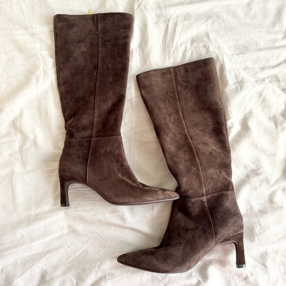 MARC FISHER Pointed Kitten Heel Leather Women's Dark Brown Suede Tall Boots 6.5